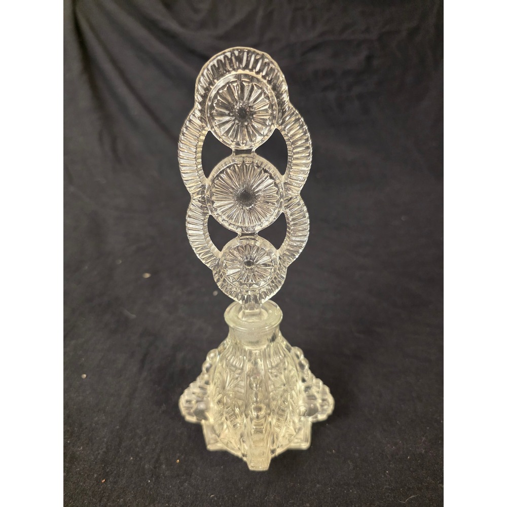 Vintage Art Deco Pressed Glass Perfume Bottle with Large Sunburst Stopper Clear